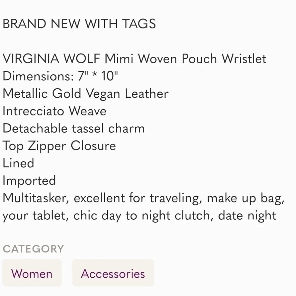 Virginia Wolf Metallic Woven Vegan Leather Clutch Wallet Gold NWT